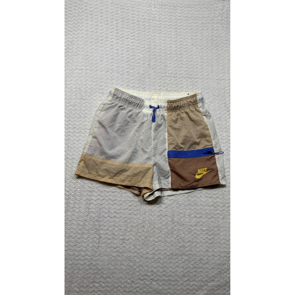 Nike Women Colorblock Patchwork Nylon Shorts Tan Brown White Small 4999